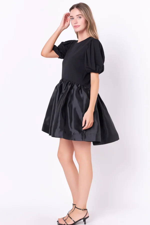 ENGLISH FACTORY Puff Sleeve | Tops*- Mixed Media Organza Mini Dress BLACK