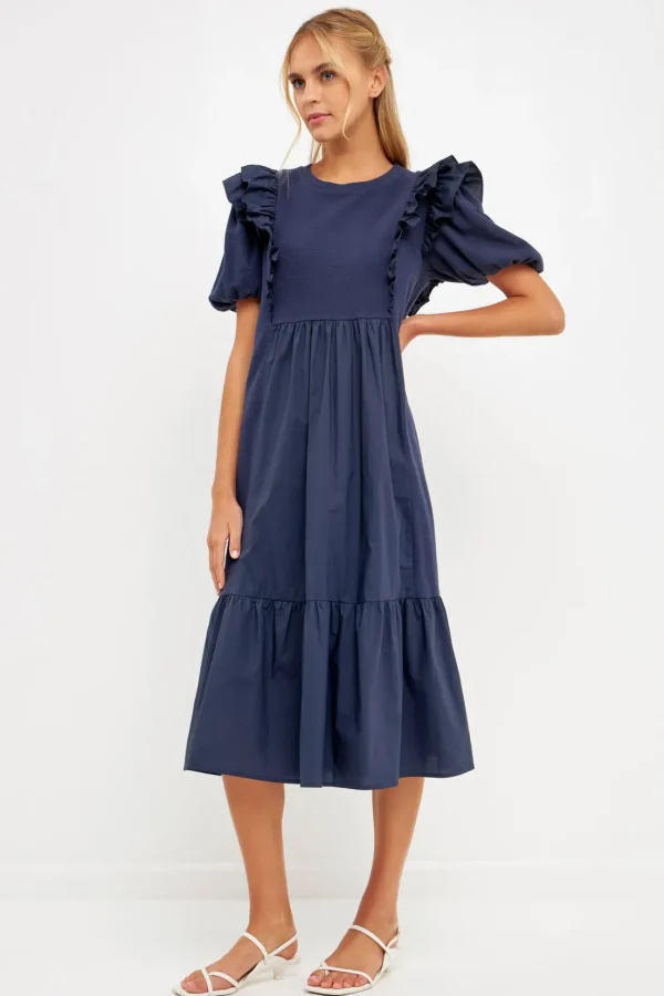ENGLISH FACTORY Puff Sleeve*- Mixed Media Midi Dress NAVY
