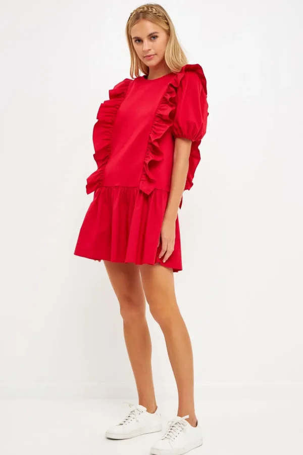 ENGLISH FACTORY Puff Sleeve | Tops*- Mixed Media Ruffle Detail Mini Dress