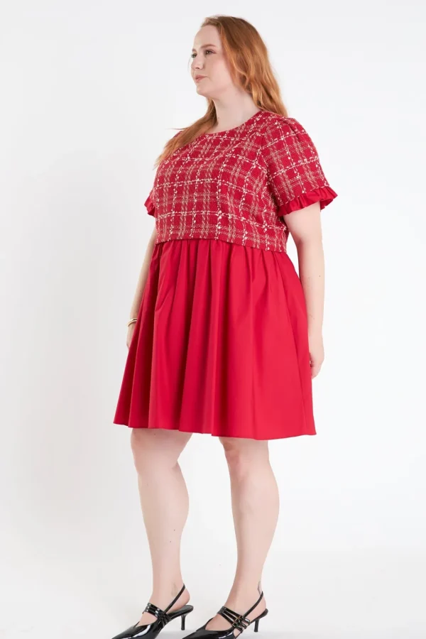 ENGLISH FACTORY Tweed Dresses | Tops*- Mixed Media Tweed Poplin Mini Dress RED