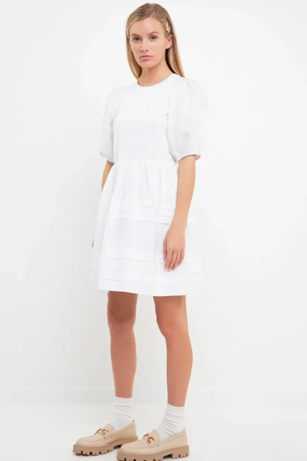 ENGLISH FACTORY White Dresses | Tops*- Mixed Media Pleats Mini Dress WHITE