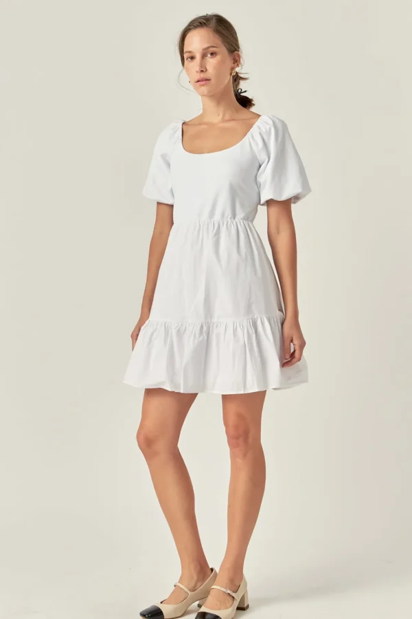 ENGLISH FACTORY White Dresses | Tops*- Mixed Media Puff Sleeve Back Bow Dress WHITE