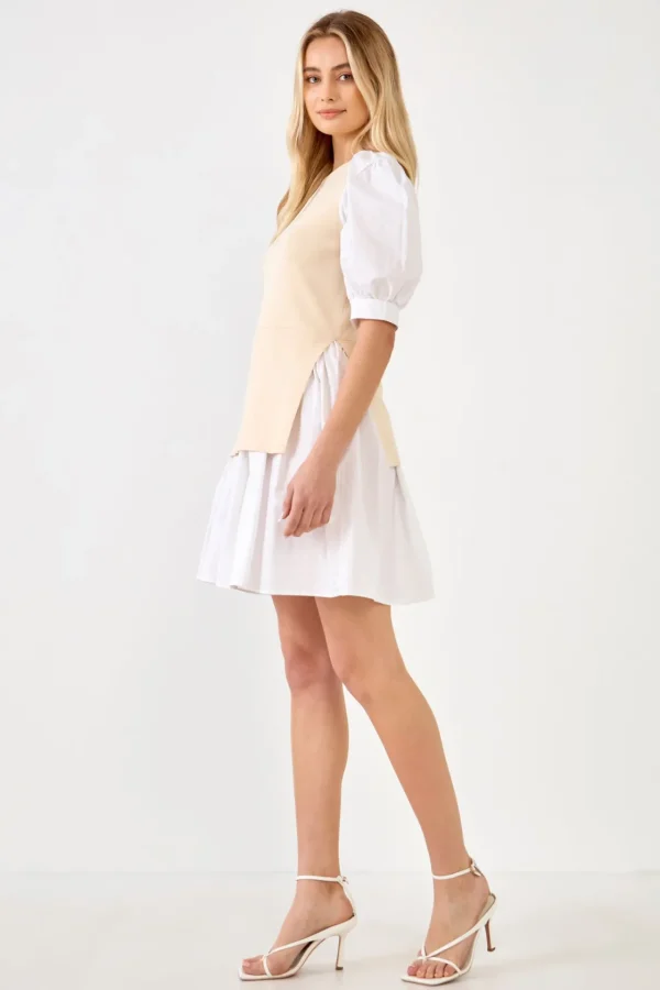 ENGLISH FACTORY White Dresses | Puff Sleeve*- Mixed Media Puff Sleeve Mini Dress
