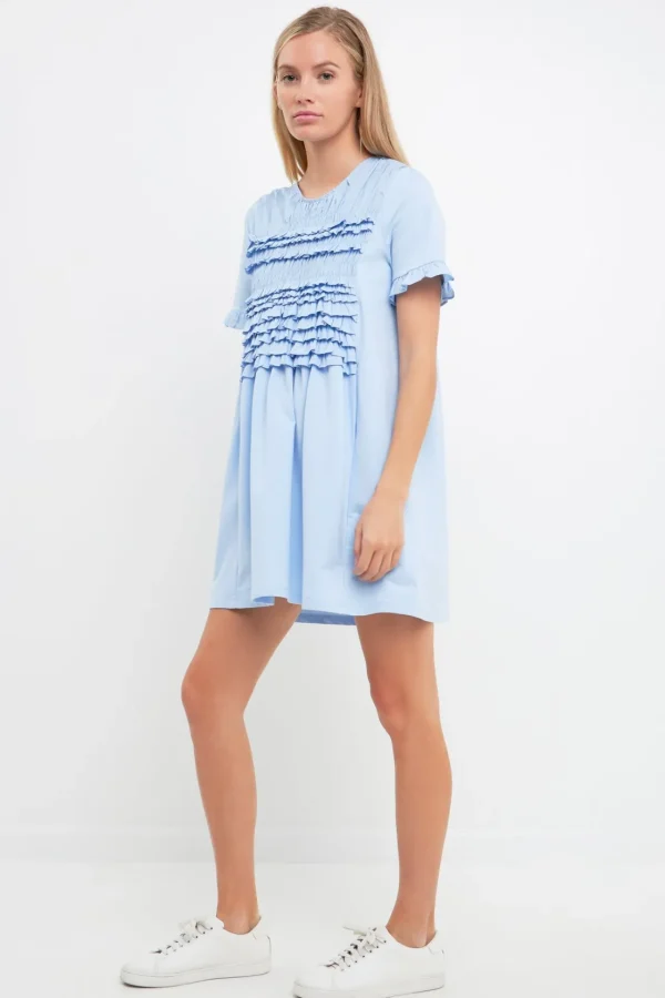 ENGLISH FACTORY Tops*- Mixed Media Ruffle Detail Dress POWDERBLUE