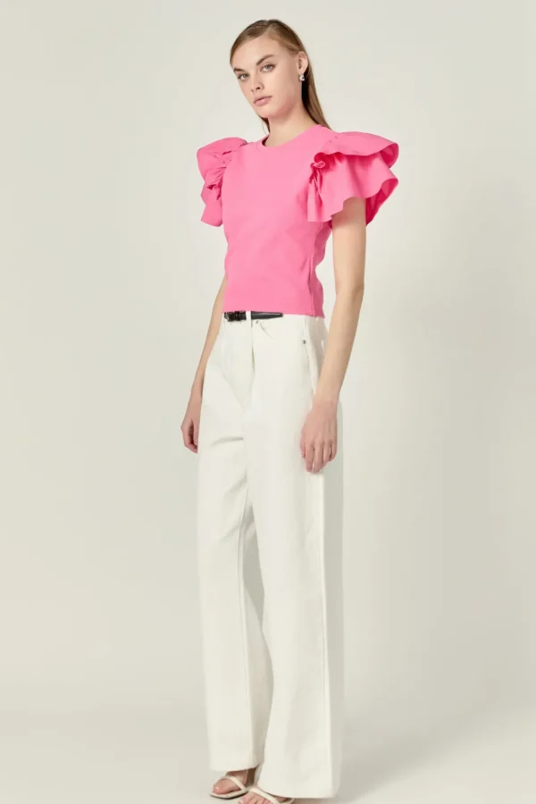 ENGLISH FACTORY Tops*- Mixed Media Ruffled Knit Top