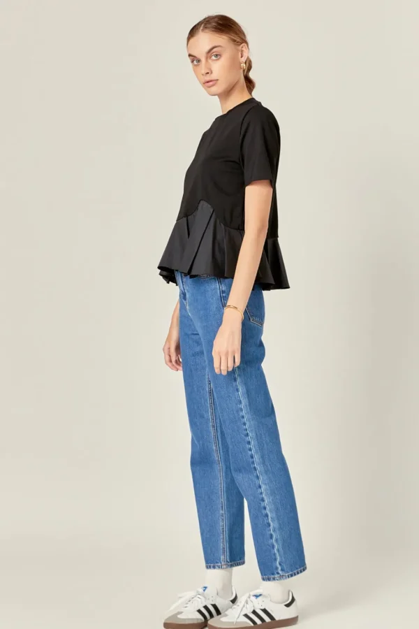 ENGLISH FACTORY Tops*- Mixed Media Ruffled Top BLACK