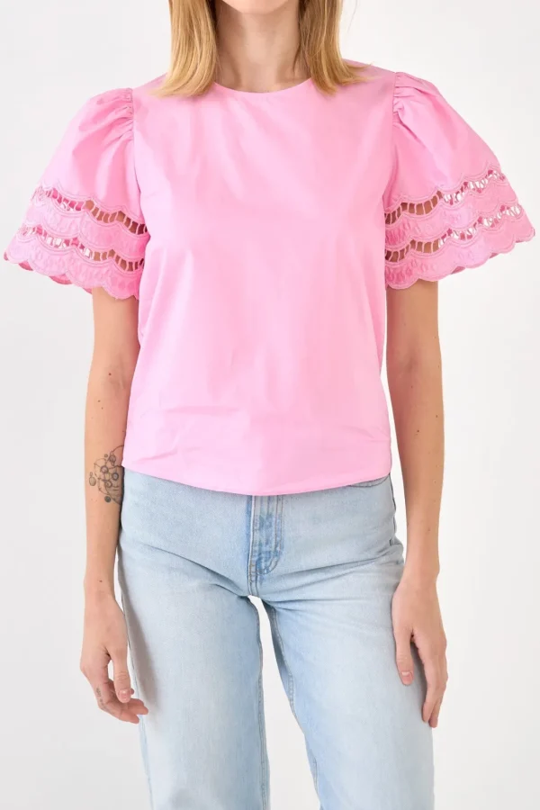 ENGLISH FACTORY Tops*- Mixed Media Lace Trim Knit Top
