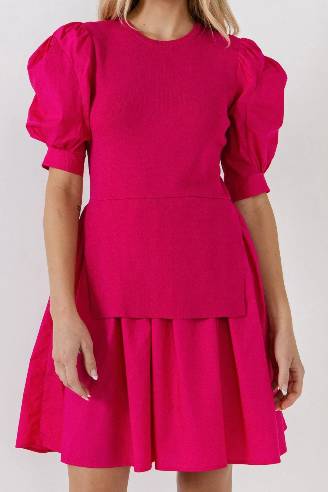 english_factory__mixed_me_10-13.webp ENGLISH FACTORY White Dresses | Puff Sleeve*- Mixed Media Puff Sleeve Mini Dress