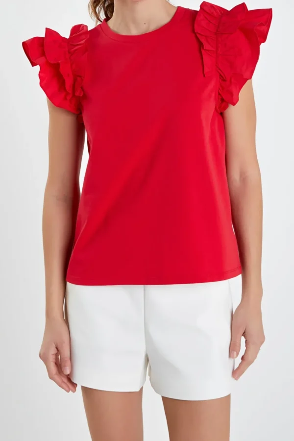 ENGLISH FACTORY Tops*- Mixed Media Ruffle Detail T-shirt