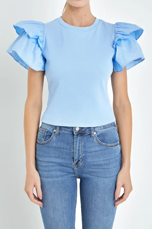 ENGLISH FACTORY Tops*- Mixed Media Ruffled Knit Top