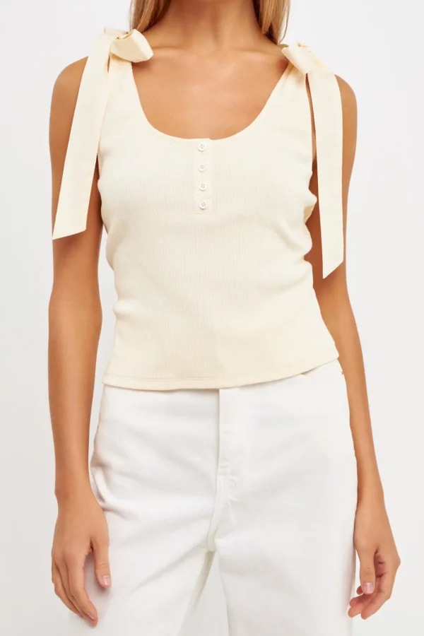 ENGLISH FACTORY Tops*- Mixed Media Bow Tie Ribbed Henley Tank