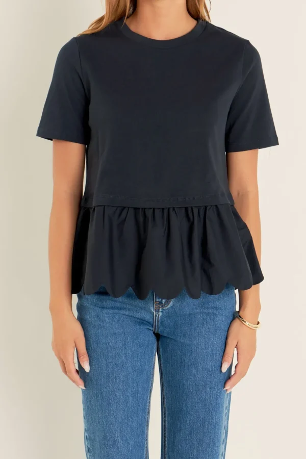 ENGLISH FACTORY Tops*- Mixed Media Scallop Detail T-shirt