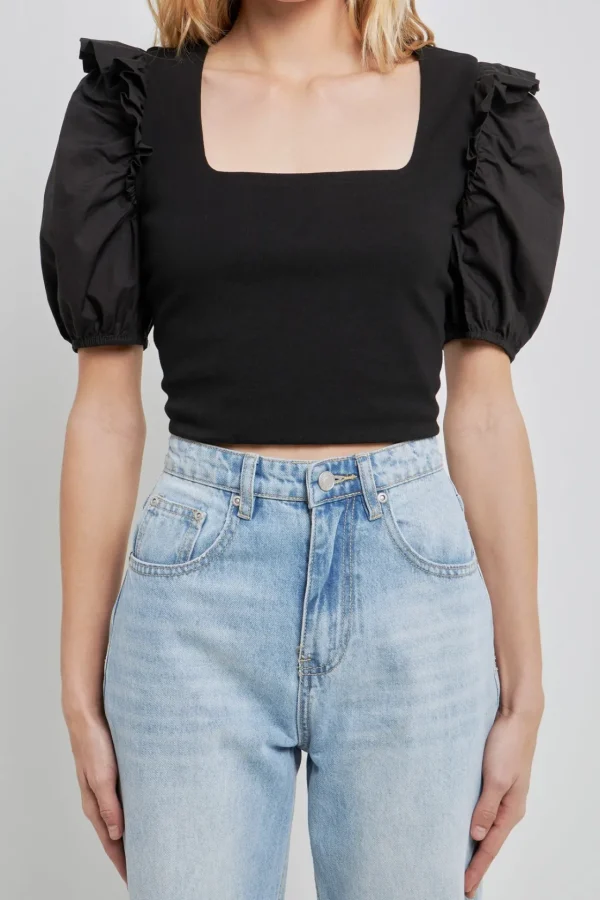 ENGLISH FACTORY Tops*- Mixed Media Puff Sleeve Knit Top