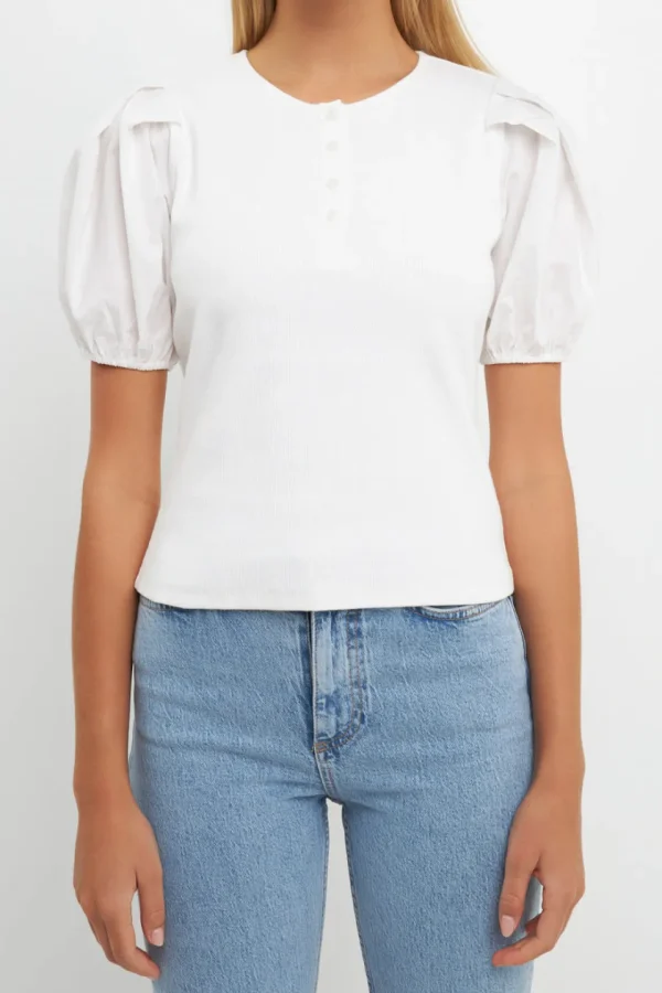 ENGLISH FACTORY Sweaters & Knits*- Mixed Media Puff Sleeve Henley Top