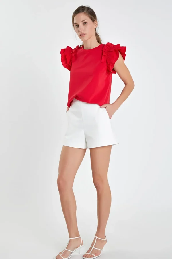 ENGLISH FACTORY Tops*- Mixed Media Ruffle Detail T-shirt