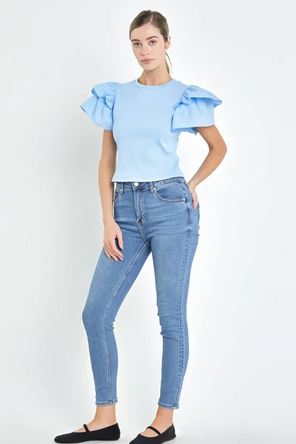 ENGLISH FACTORY Tops*- Mixed Media Ruffled Knit Top