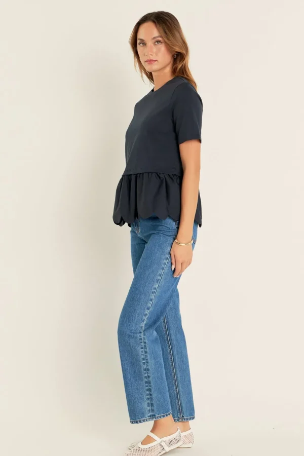 ENGLISH FACTORY Tops*- Mixed Media Scallop Detail T-shirt