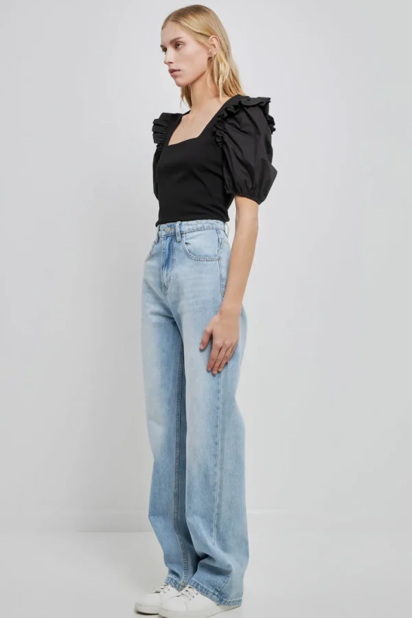 ENGLISH FACTORY Tops*- Mixed Media Puff Sleeve Knit Top