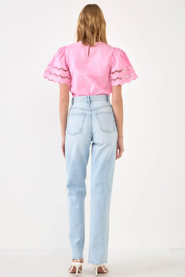 ENGLISH FACTORY Tops*- Mixed Media Lace Trim Knit Top