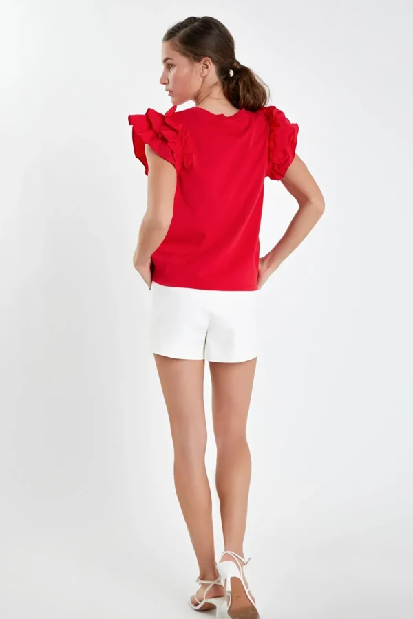 ENGLISH FACTORY Tops*- Mixed Media Ruffle Detail T-shirt