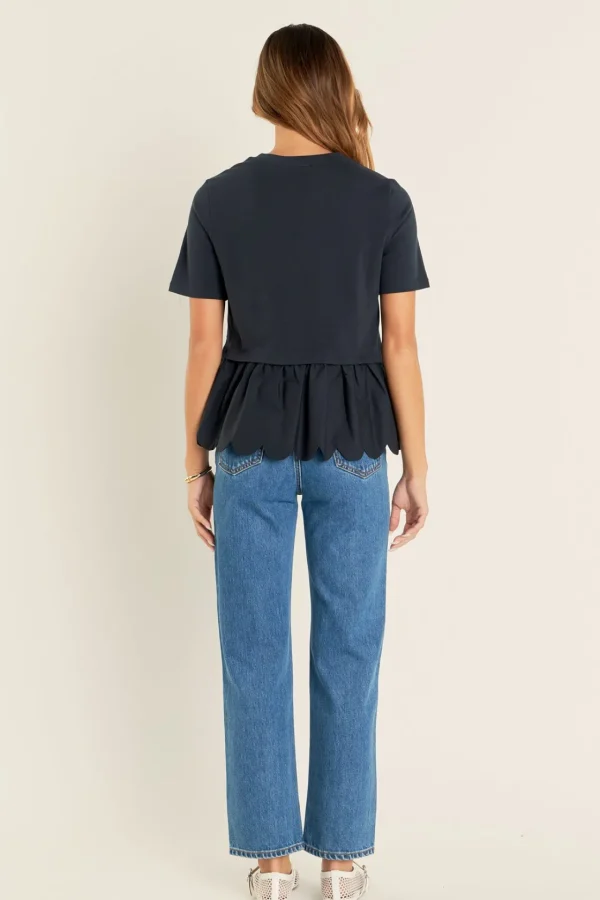 ENGLISH FACTORY Tops*- Mixed Media Scallop Detail T-shirt