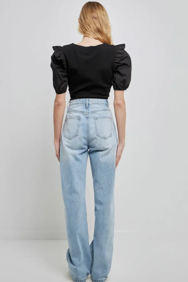 ENGLISH FACTORY Tops*- Mixed Media Puff Sleeve Knit Top