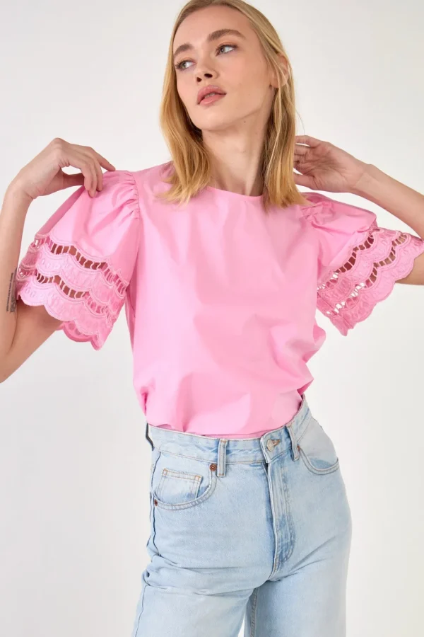 ENGLISH FACTORY Tops*- Mixed Media Lace Trim Knit Top