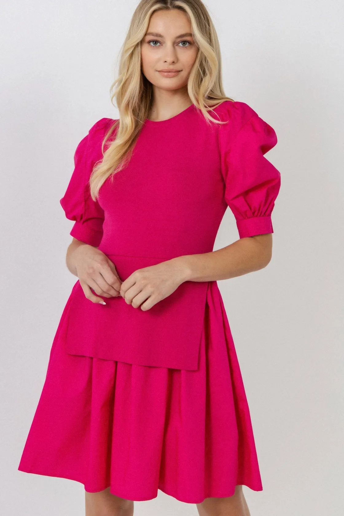 english_factory__mixed_me_13-13.webp ENGLISH FACTORY White Dresses | Puff Sleeve*- Mixed Media Puff Sleeve Mini Dress