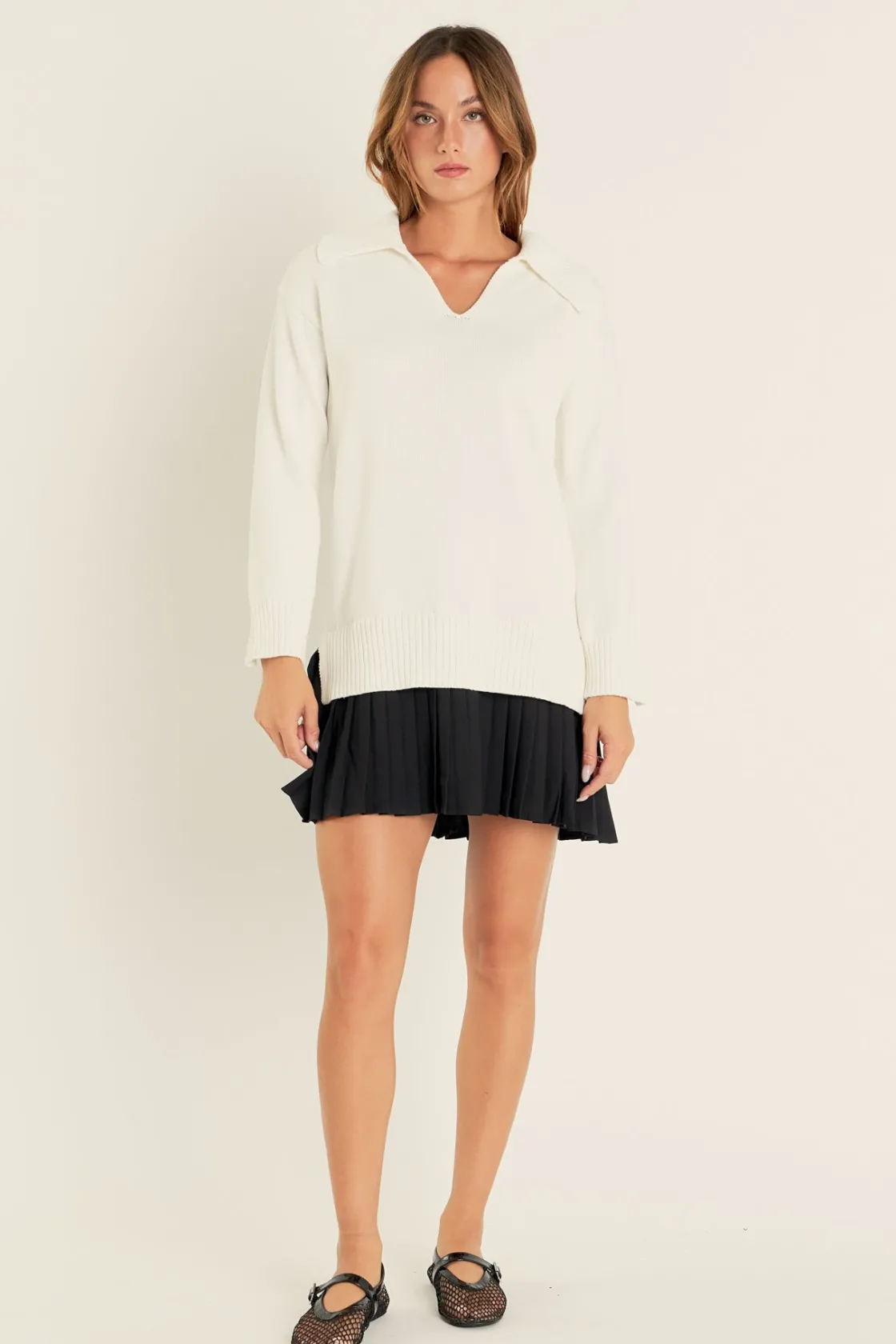 english_factory__mixed_me_13-16.webp ENGLISH FACTORY Knit Dresses | Sweaters & Knits*- Mixed Media Pleated Mini Dress
