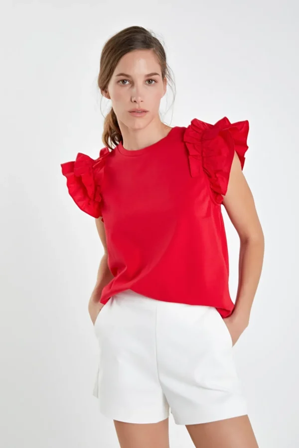 ENGLISH FACTORY Tops*- Mixed Media Ruffle Detail T-shirt