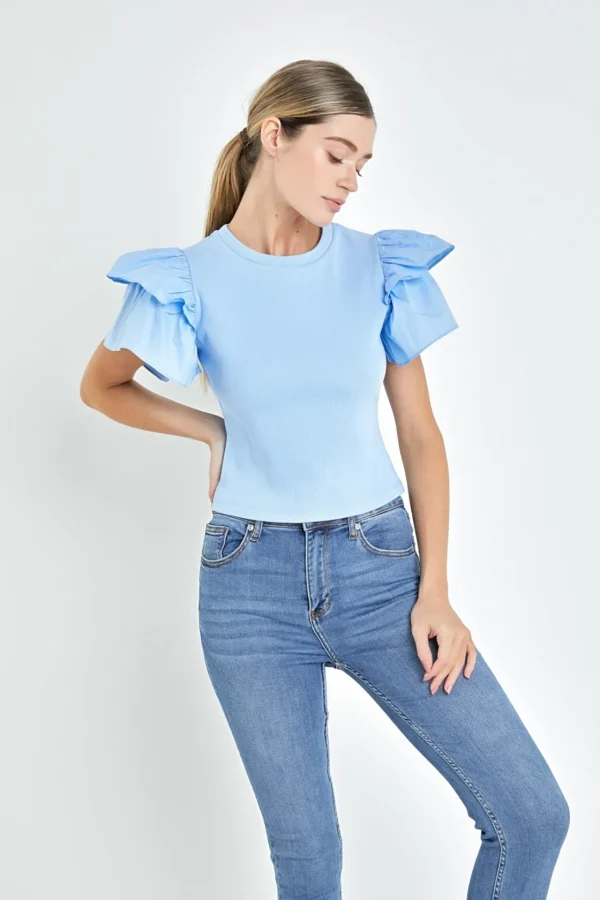 ENGLISH FACTORY Tops*- Mixed Media Ruffled Knit Top