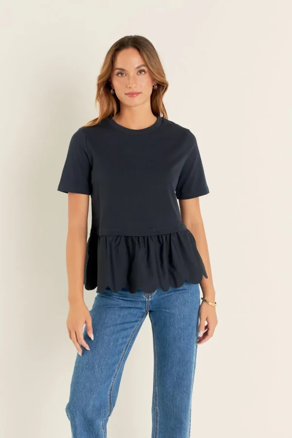 ENGLISH FACTORY Tops*- Mixed Media Scallop Detail T-shirt