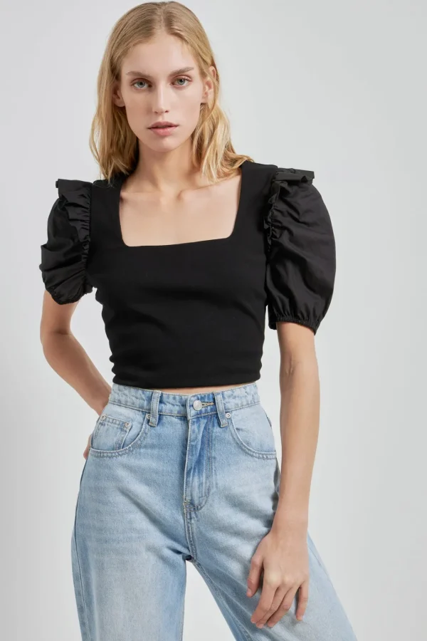 ENGLISH FACTORY Tops*- Mixed Media Puff Sleeve Knit Top