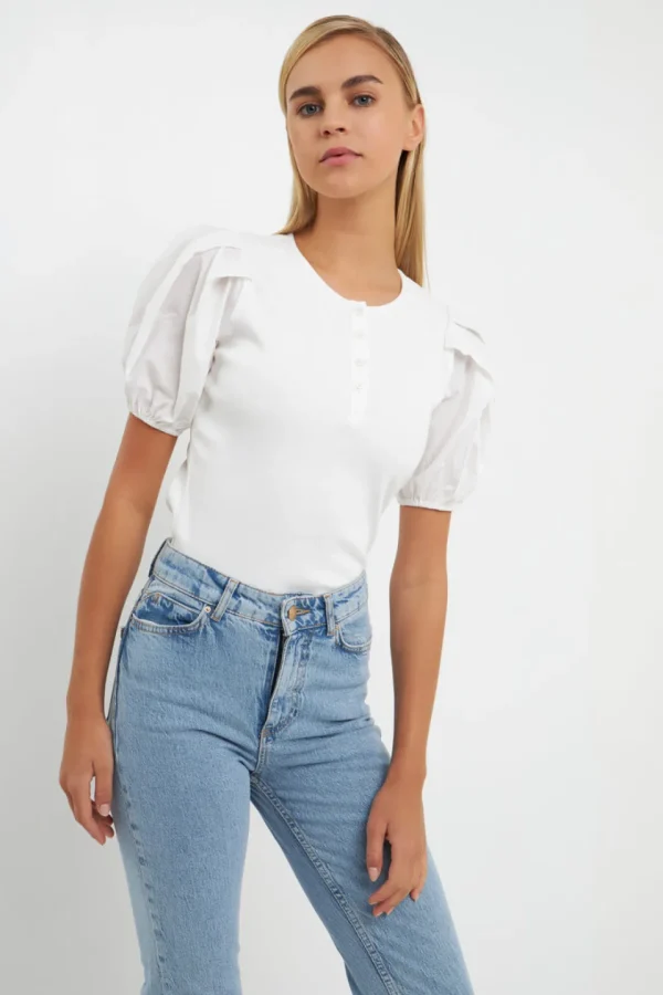 ENGLISH FACTORY Sweaters & Knits*- Mixed Media Puff Sleeve Henley Top