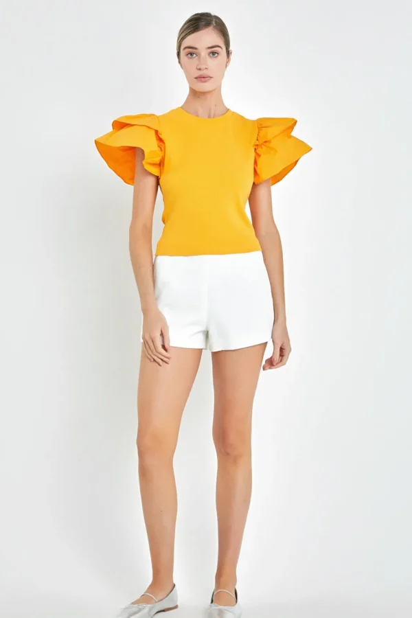 ENGLISH FACTORY Tops*- Mixed Media Ruffled Knit Top
