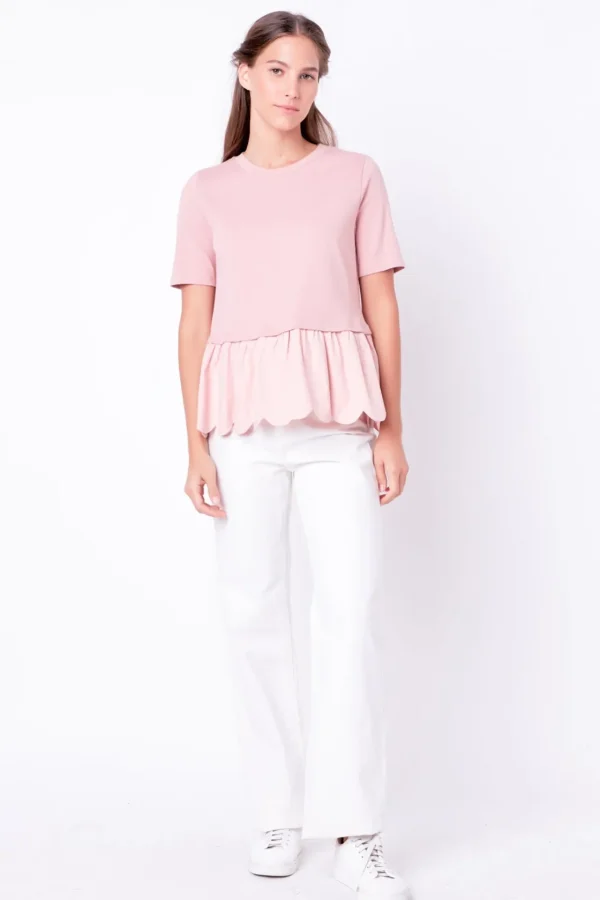 ENGLISH FACTORY Tops*- Mixed Media Scallop Detail T-shirt