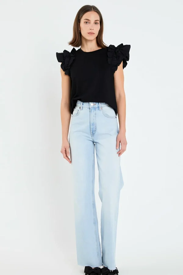 ENGLISH FACTORY Tops*- Mixed Media Ruffle Detail T-shirt