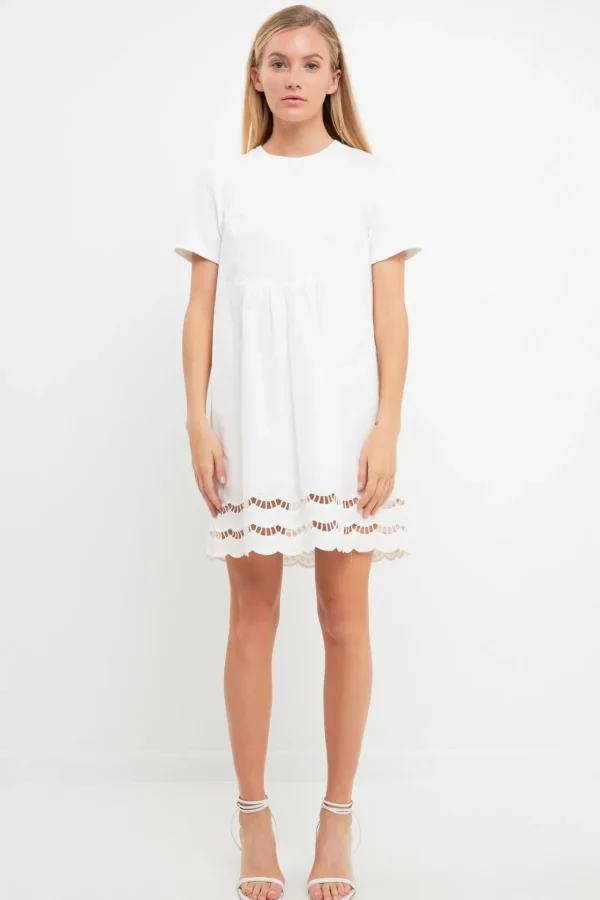 ENGLISH FACTORY Lace Dresses | White Dresses*- Mixed Media Scallop Lace Mini Dress