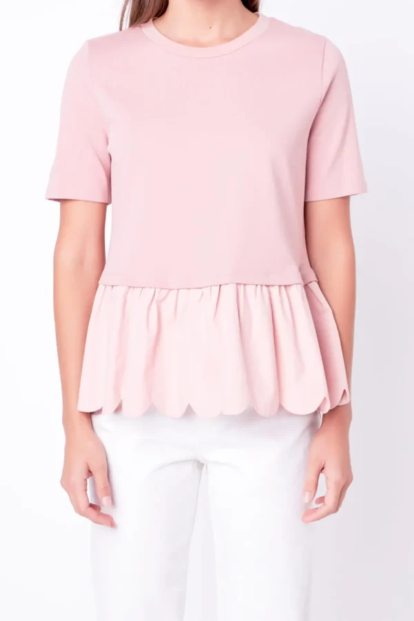 ENGLISH FACTORY Tops*- Mixed Media Scallop Detail T-shirt