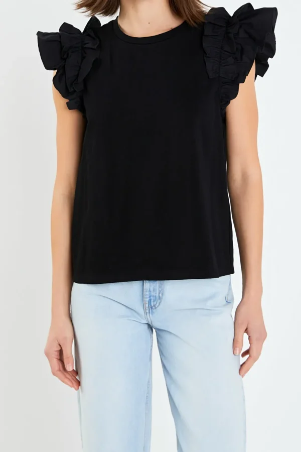 ENGLISH FACTORY Tops*- Mixed Media Ruffle Detail T-shirt