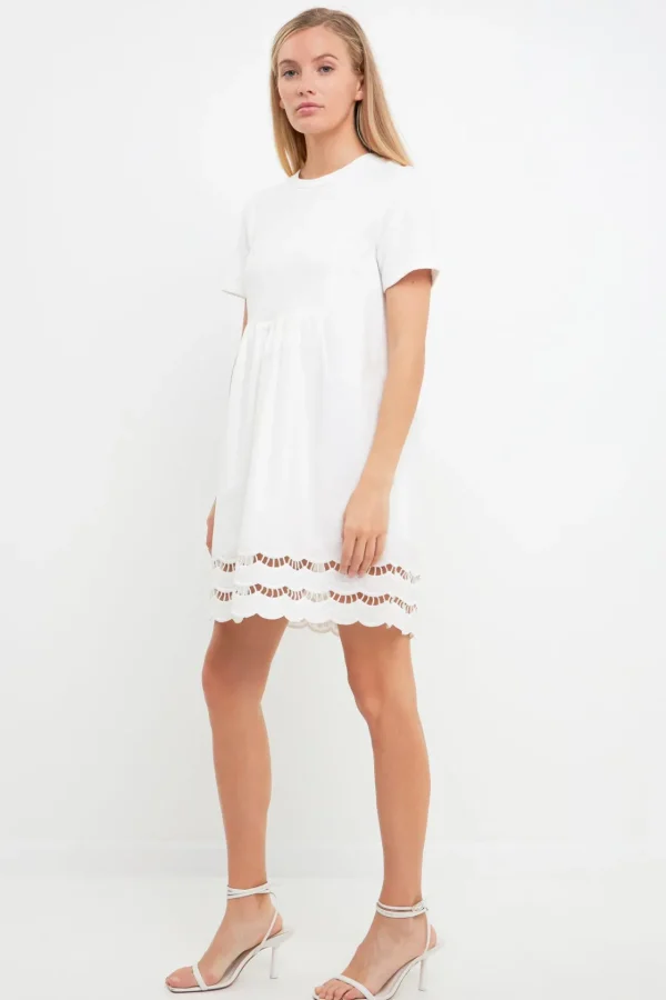 ENGLISH FACTORY Lace Dresses | White Dresses*- Mixed Media Scallop Lace Mini Dress