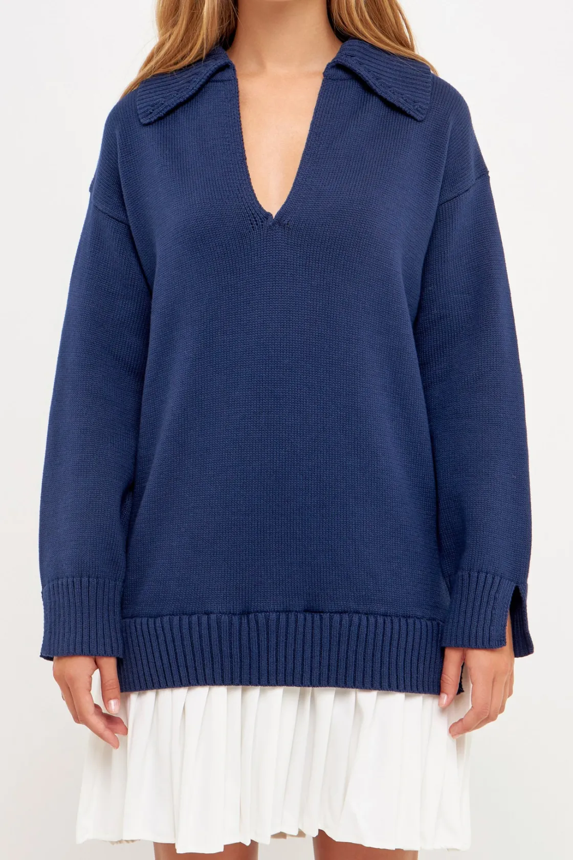 english_factory__mixed_me_15-8.webp ENGLISH FACTORY Knit Dresses | Sweaters & Knits*- Mixed Media Pleated Mini Dress