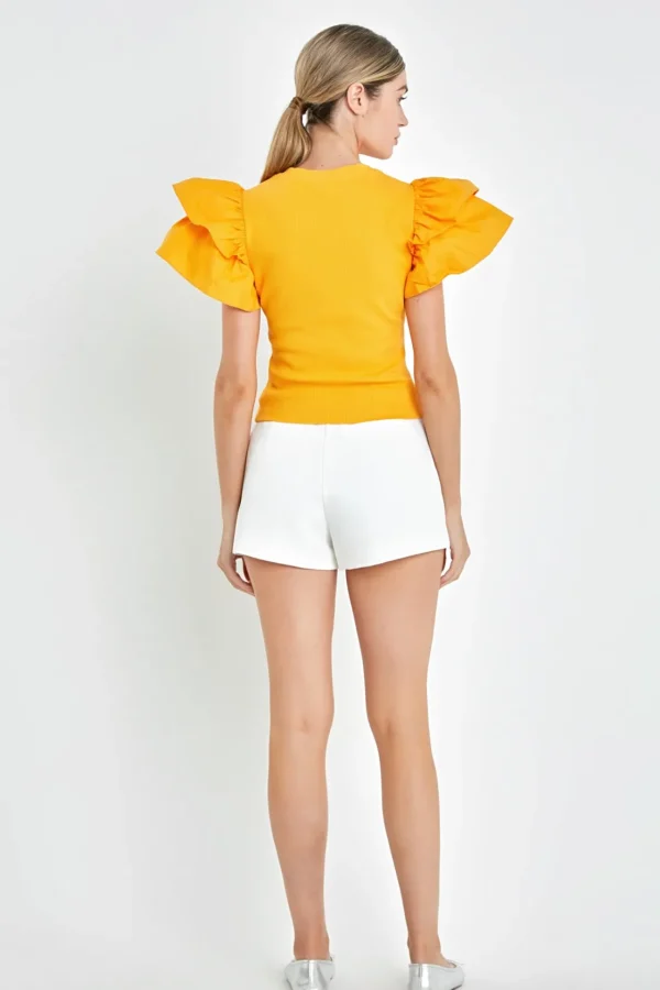 ENGLISH FACTORY Tops*- Mixed Media Ruffled Knit Top