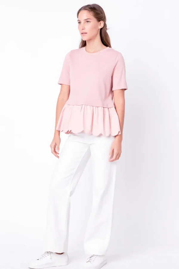 ENGLISH FACTORY Tops*- Mixed Media Scallop Detail T-shirt