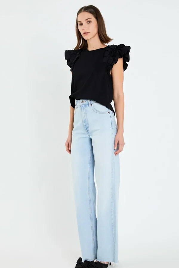 ENGLISH FACTORY Tops*- Mixed Media Ruffle Detail T-shirt