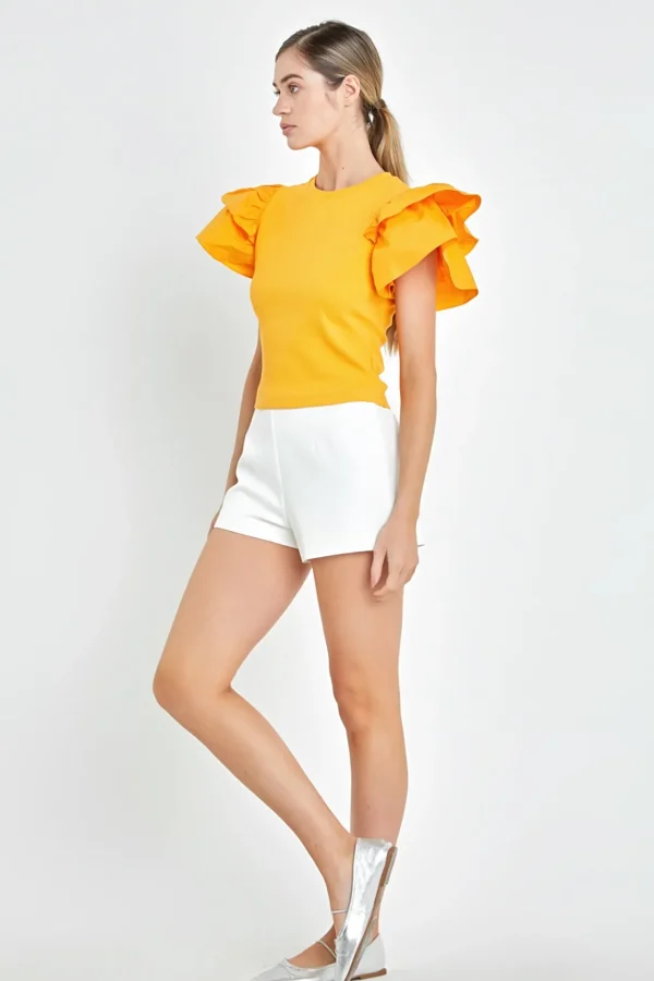 ENGLISH FACTORY Tops*- Mixed Media Ruffled Knit Top