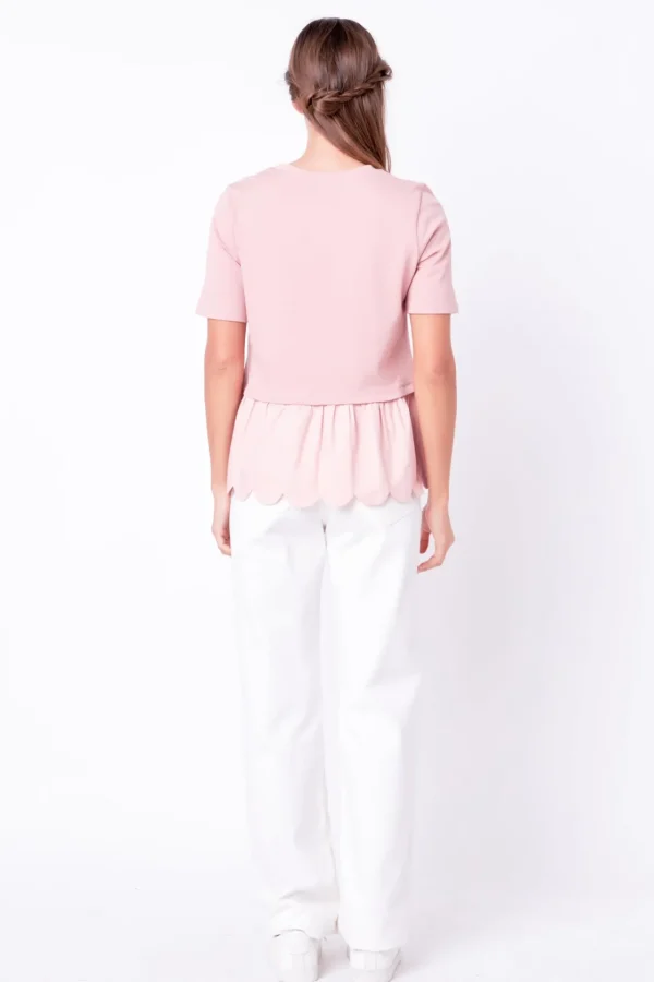 ENGLISH FACTORY Tops*- Mixed Media Scallop Detail T-shirt