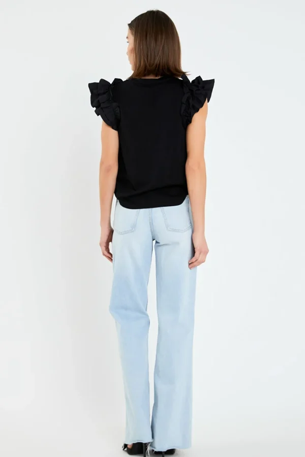 ENGLISH FACTORY Tops*- Mixed Media Ruffle Detail T-shirt