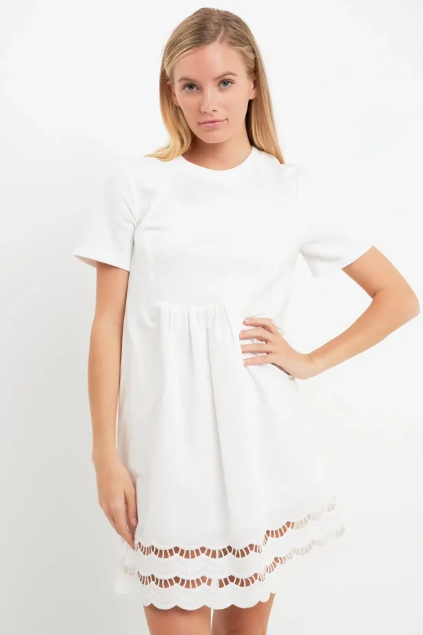 ENGLISH FACTORY Lace Dresses | White Dresses*- Mixed Media Scallop Lace Mini Dress