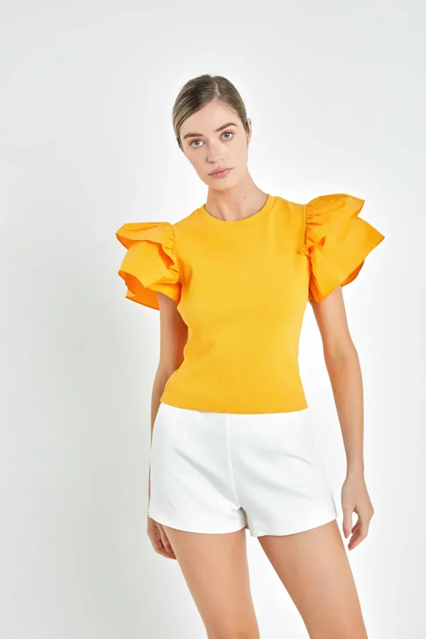 ENGLISH FACTORY Tops*- Mixed Media Ruffled Knit Top
